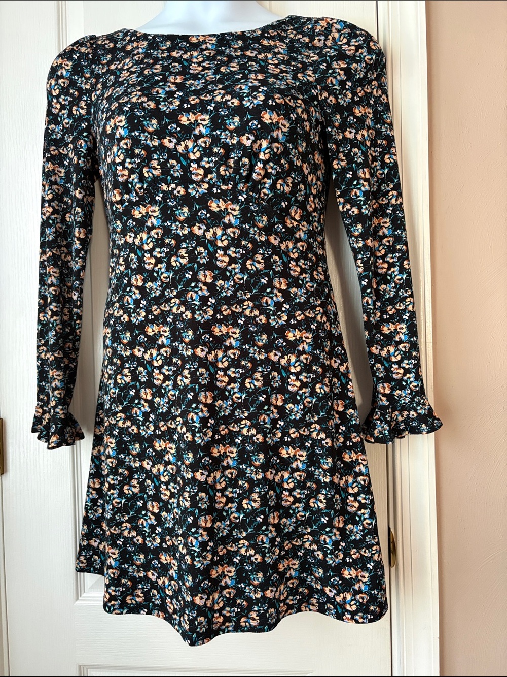 Free People A-Line Dress - Black with Peach & Teal Floral